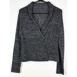 Eileen Fisher Sweater Black Grey Wool Cashmere Blend One Button Medium Petite
